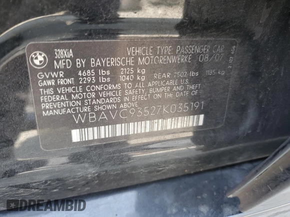 2007 BMW 3 Series 328xi with VIN WBAVC93527K035191, listed as a Copart auction lot 67522624 with 147,464 mi miles and Salvage Title. Bid and sale history available at carsss.com. Image 12.