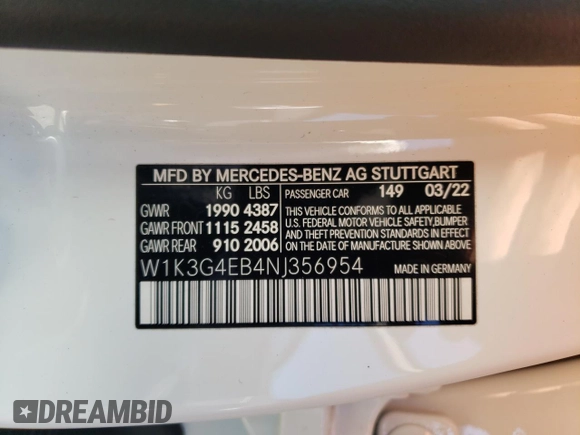 2022 Mercedes-Benz A 220 with VIN W1K3G4EB4NJ356954, listed as a Copart auction lot 88526625 with 18,912 mi miles and Salvage Title. Bid and sale history available at DreamBid. Image 12.
