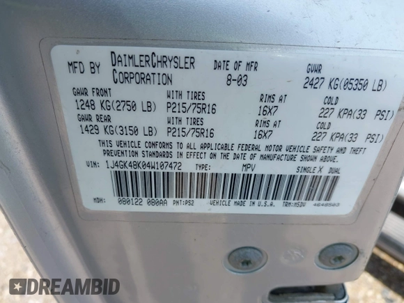 2004 Jeep Liberty Sport with VIN 1J4GK48K04W107472, listed as a IAAI auction lot 41897085 with 234,492 mi miles and . Bid and sale history available at DreamBid. Image 9.