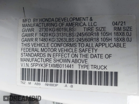 2021 Honda Ridgeline Sport with VIN 5FPYK3F1XMB011441, listed as a IAAI auction lot 41315524 with 59,840 mi miles and . Bid and sale history available at DreamBid. Image 9.