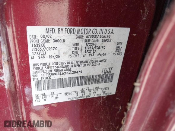 2003 Ford F-150 XLT with VIN 1FTRW08L63KA20475, listed as a IAAI auction lot 42610305 with Not provided miles and . Bid and sale history available at DreamBid. Image 9.