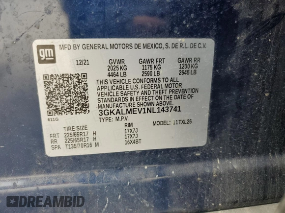2022 GMC Terrain SLE z VIN 3GKALMEV1NL143741, wystawiony jako Copart lot #63110585 z przebiegiem 94 286 mil mil oraz Szkoda całkowita • Salvage title. Historia ofert i sprzedaży dostępna na DreamBid. Obrazek 13.