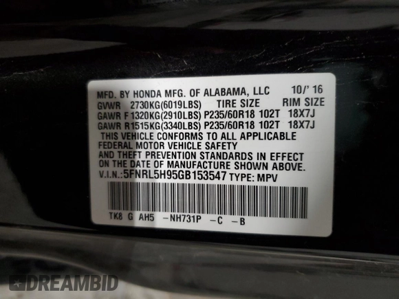 2016 Honda Odyssey Touring Elite with VIN 5FNRL5H95GB153547, listed as a Copart auction lot 45318635 with Not Provided miles and Salvage Title. Bid and sale history available at carsss.com. Image 13.