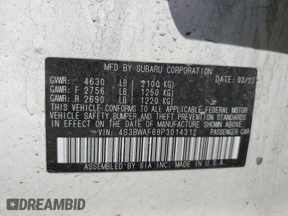 2023 Subaru Legacy Premium with VIN 4S3BWAF68P3014312, listed as a Copart auction lot 61142825 with 41,695 mi miles and Salvage title. Bid and sale history available at DreamBid. Image 12.