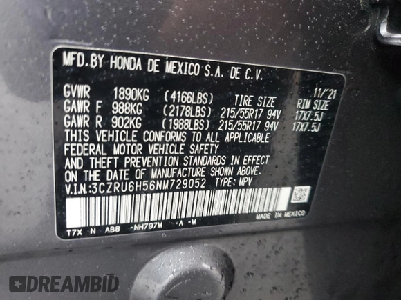 2022 Honda HR-V EX with VIN 3CZRU6H56NM729052, listed as a Copart auction lot 42861705 with 36,526 mi miles and Salvage Title. Bid and sale history available at DreamBid. Image 15.