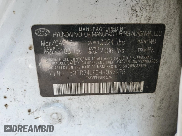 2017 Hyundai Elantra SE with VIN 5NPD74LF9HH037275, listed as a Copart auction lot 50552095 with 239,520 mi miles and Salvage title. Bid and sale history available at DreamBid. Image 13.