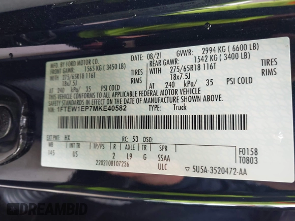 2021 Ford F-150 XL with VIN 1FTEW1EP7MKE40582, listed as a IAAI auction lot 42415827 with 66,579 mi miles and . Bid and sale history available at DreamBid. Image 9.