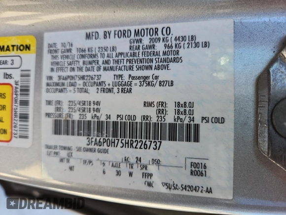 2017 Ford Fusion SE с VIN 3FA6P0H75HR226737, выставлен на аукционе Copart как лот 65282695 с пробегом Не указан миль и Чистый • Clean title. История ставок и продаж доступна на DreamBid. Изображение 12.
