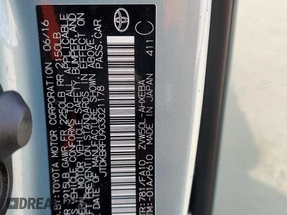 2016 Toyota Prius Two with VIN JTDKBRFU9G3021178, listed as a Copart auction lot 54104425 with 103,170 mi miles and Salvage Title. Bid and sale history available at carsss.com. Image 13.