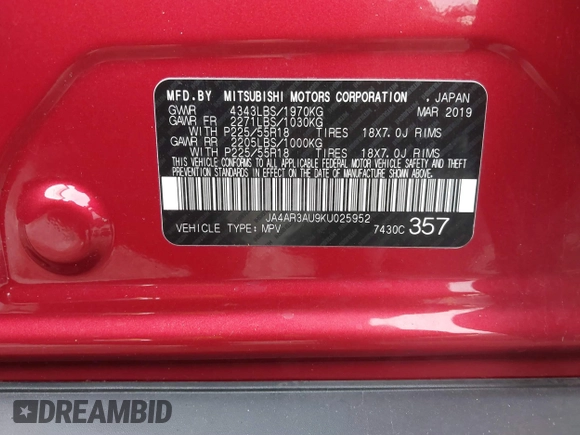 2019 Mitsubishi Outlander ES z VIN JA4AR3AU9KU025952, wystawiony jako IAAI lot #40968572 z przebiegiem 81 620 mil mil oraz . Historia ofert i sprzedaży dostępna na DreamBid. Obrazek 9.