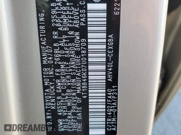 2007 Toyota Camry with VIN 4T1BB46K07U018709, listed as a Copart auction lot 61665455 with 180,266 mi miles and Salvage title. Bid and sale history available at DreamBid. Image 12.