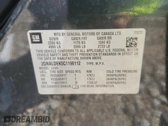 2012 Chevrolet Equinox LT w/1LT with VIN 2GNALDEK5C1196112, listed as a Copart auction lot 50343305 with 128,800 mi miles and Salvage Title. Bid and sale history available at carsss.com. Image 13.