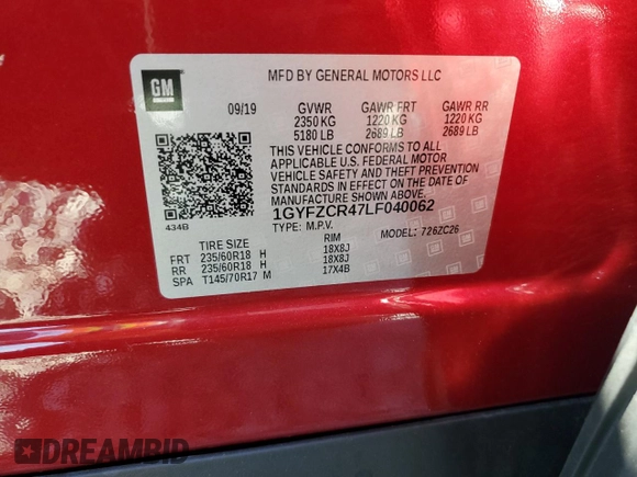 2020 Cadillac XT4 FWD Premium Luxury with VIN 1GYFZCR47LF040062, listed as a Copart auction lot 52309415 with 12,517 mi miles and Salvage title. Bid and sale history available at DreamBid. Image 13.