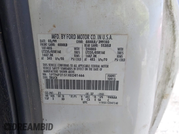 1999 Ford F-250 with VIN 1FTNF21S1XED81466, listed as a IAAI auction lot 41860355 with 96,142 mi miles and . Bid and sale history available at DreamBid. Image 9.
