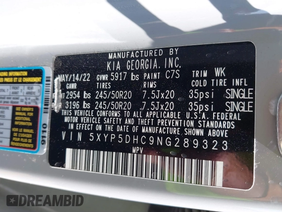 2022 Kia Telluride SX with VIN 5XYP5DHC9NG289323, listed as a IAAI auction lot 41796402 with 50,923 mi miles and . Bid and sale history available at DreamBid. Image 9.