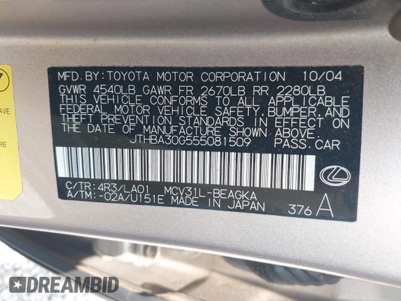 2005 Lexus ES 350 with VIN JTHBA30G555081509, listed as a IAAI auction lot 42491146 with 166,393 mi miles and . Bid and sale history available at DreamBid. Image 9.