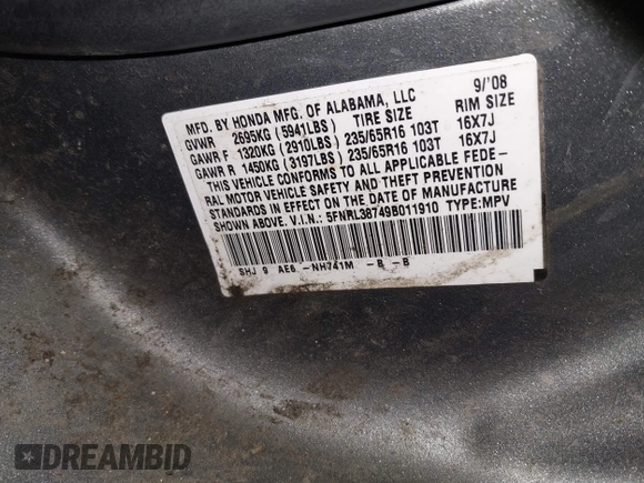 2009 Honda Odyssey EX-L с VIN 5FNRL38749B011910, выставлен на аукционе IAAI как лот 42186474 с пробегом 247 794 миль миль и . История ставок и продаж доступна на DreamBid. Изображение 9.