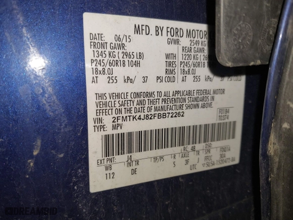 2015 Ford Edge SEL with VIN 2FMTK4J82FBB72262, listed as a IAAI auction lot 41817779 with 83,380 mi miles. Bid and sale history available at carsss.com. Image 9.