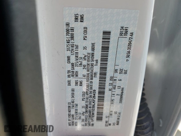 2020 Ford F-150 XL с VIN 1FTEW1E59LKF26439, выставлен на аукционе Copart как лот 58328445 с пробегом 30 892 миль миль и Списание • Salvage title. История ставок и продаж доступна на DreamBid. Изображение 12.