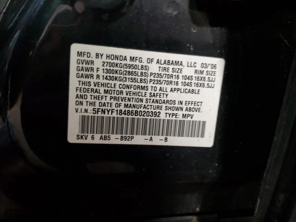 2006 Honda Pilot EX with VIN 5FNYF18486B020392, listed as a Copart auction lot 49639095 with 152,545 mi miles and Salvage Title. Bid and sale history available at carsss.com. Image 13.