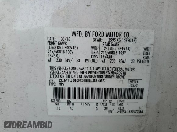 2016 Lincoln MKX Select with VIN 2LMTJ8KR3GBL62465, listed as a Copart auction lot 51335855 with 147,493 mi miles and Salvage Title. Bid and sale history available at carsss.com. Image 12.