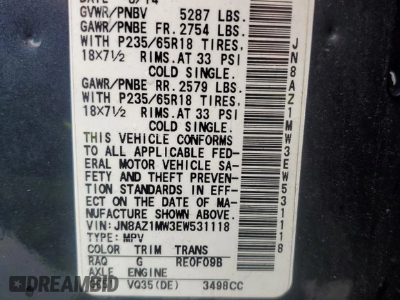 2014 Nissan Murano SL z VIN JN8AZ1MW3EW531118, wystawiony jako Copart lot #55425015 z przebiegiem Nie podano mil oraz Szkody całkowita. Historia ofert i sprzedaży dostępna na DreamBid. Obrazek 14.