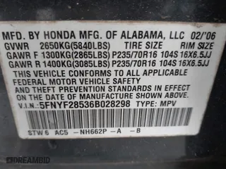 2006 Honda Pilot EX-L with VIN 5FNYF28536B028298, listed as a IAAI auction lot 42104705 with 244,790 mi miles. Bid and sale history available at carsss.com. Image 9.
