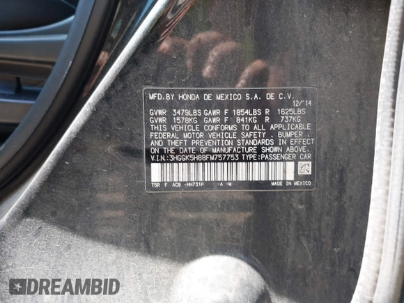 2015 Honda Fit EX-L with VIN 3HGGK5H88FM757753, listed as a IAAI auction lot 42096497 with 121,863 mi miles and . Bid and sale history available at DreamBid. Image 9.