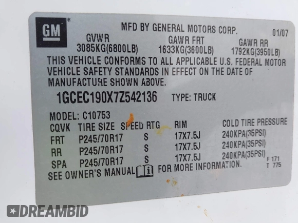2007 Chevrolet Silverado 1500 LT w/1LT with VIN 1GCEC190X7Z542136, listed as a IAAI auction lot 41630099 with 143,230 mi miles. Bid and sale history available at carsss.com. Image 9.