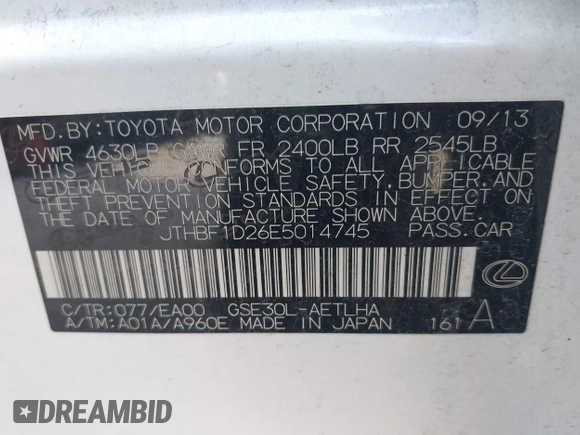 2014 Lexus IS 250 with VIN JTHBF1D26E5014745, listed as a IAAI auction lot 41490300 with Not Provided miles and . Bid and sale history available at DreamBid. Image 9.