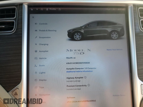 2016 Tesla Model X 70D z VIN 5YJXCBE23GF010836, wystawiony jako Copart lot #57512055 z przebiegiem 115 475 mil mil oraz Szkody całkowita. Historia ofert i sprzedaży dostępna na DreamBid. Obrazek 9.