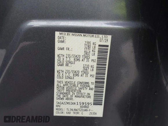 2019 Nissan Murano SL z VIN 5N1AZ2MS1KN159595, wystawiony jako IAAI lot #41954339 z przebiegiem 130 365 mil mil oraz . Historia ofert i sprzedaży dostępna na DreamBid. Obrazek 9.