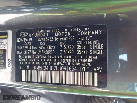 2020 Hyundai Palisade SEL with VIN KM8R34HE7LU091654, listed as a IAAI auction lot 41809048 with 87,984 mi miles and . Bid and sale history available at DreamBid. Image 9.
