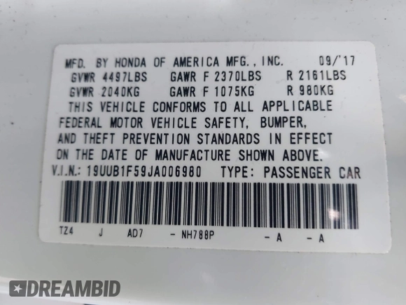 2018 Acura TLX w/Technology Pkg with VIN 19UUB1F59JA006980, listed as a IAAI auction lot 41324003 with 70,825 mi miles. Bid and sale history available at carsss.com. Image 9.