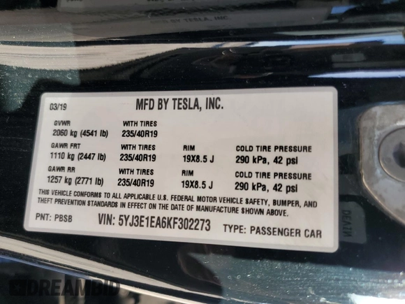 2019 Tesla Model 3 Mid Range with VIN 5YJ3E1EA6KF302273, listed as a Copart auction lot 46649115 with 120,412 mi miles and Salvage Title. Bid and sale history available at DreamBid. Image 14.