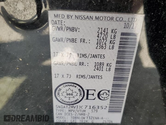 2018 Nissan Rogue SV z VIN 5N1AT2MV3JC716352, wystawiony jako Copart lot #56500795 z przebiegiem 58 160 mil mil oraz Szkoda całkowita • Salvage title. Historia ofert i sprzedaży dostępna na DreamBid. Obrazek 13.