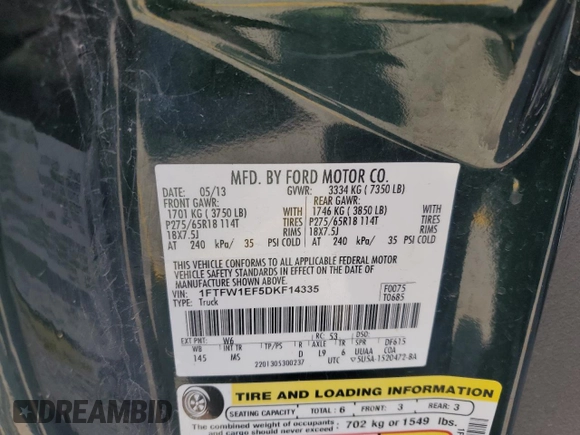 2013 Ford F-150 XL with VIN 1FTFW1EF5DKF14335, listed as a Copart auction lot 57256055 with 71,038 mi miles and Salvage title. Bid and sale history available at DreamBid. Image 12.