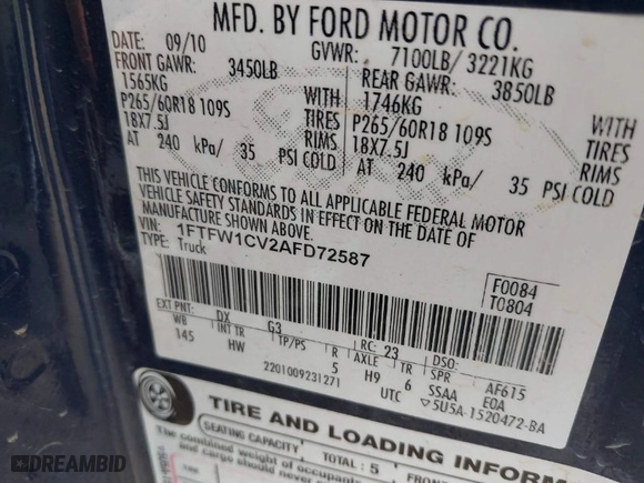 2010 Ford F-150 XL with VIN 1FTFW1CV2AFD72587, listed as a IAAI auction lot 41756666 with 159,726 mi miles. Bid and sale history available at carsss.com. Image 9.