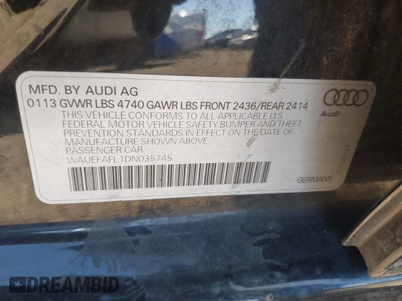 2013 Audi A4 Premium Plus z VIN WAUEFAFL1DN035745, wystawiony jako IAAI lot #42521876 z przebiegiem 117 238 mil mil oraz . Historia ofert i sprzedaży dostępna na DreamBid. Obrazek 9.