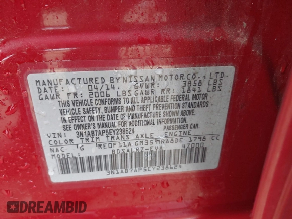 2014 Nissan Sentra SR with VIN 3N1AB7AP5EY238624, listed as a IAAI auction lot 41956651 with 151,252 mi miles and . Bid and sale history available at DreamBid. Image 9.