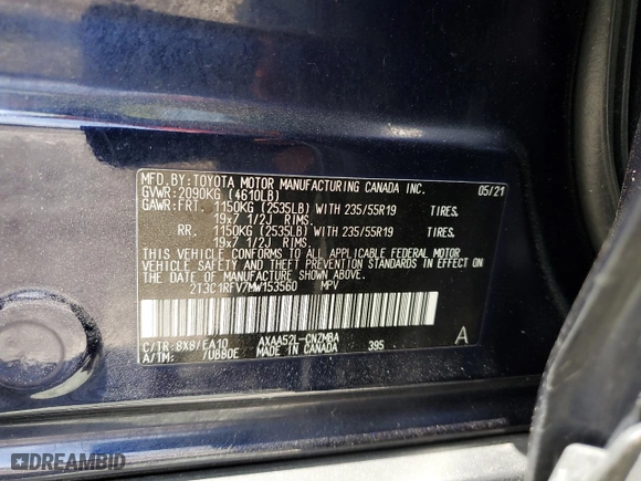 2021 Toyota RAV4 XLE Premium with VIN 2T3C1RFV7MW153560, listed as a Copart auction lot 66951414 with 68,799 mi miles and Salvage Title. Bid and sale history available at carsss.com. Image 13.