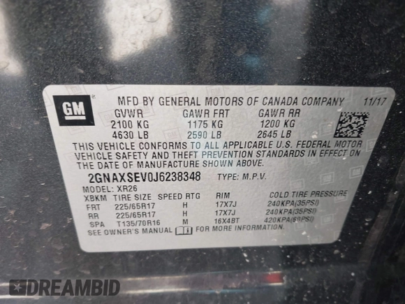 2018 Chevrolet Equinox LT with VIN 2GNAXSEV0J6238348, listed as a IAAI auction lot 41974237 with 73,604 mi miles. Bid and sale history available at carsss.com. Image 9.