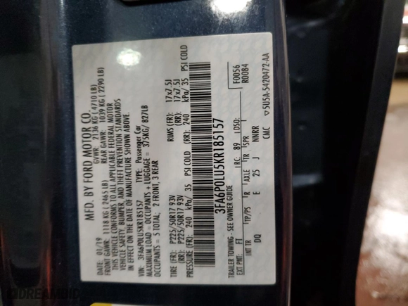 2019 Ford Fusion Hybrid SE with VIN 3FA6P0LU5KR185157, listed as a Copart auction lot 42935705 with NaN miles and Clean Title. Bid and sale history available at carsss.com. Image 13.