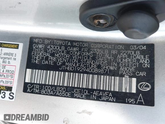 2004 Lexus IS 300/350 z VIN JTHBD192940089871, wystawiony jako IAAI lot #41411356 z przebiegiem Nie podano mil oraz . Historia ofert i sprzedaży dostępna na DreamBid. Obrazek 9.
