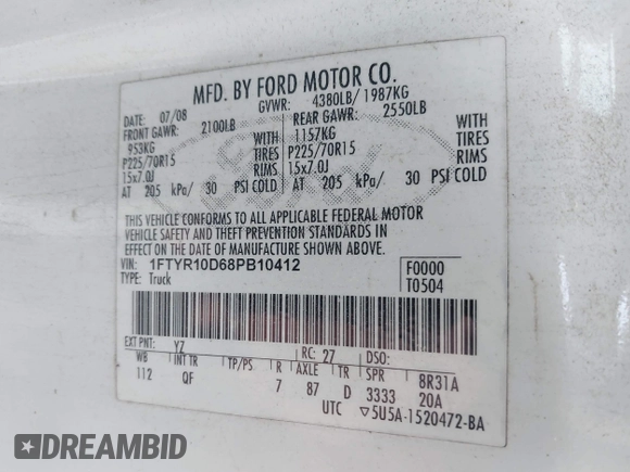 2008 Ford Ranger XL with VIN 1FTYR10D68PB10412, listed as a IAAI auction lot 42412602 with 246,454 mi miles and . Bid and sale history available at DreamBid. Image 9.