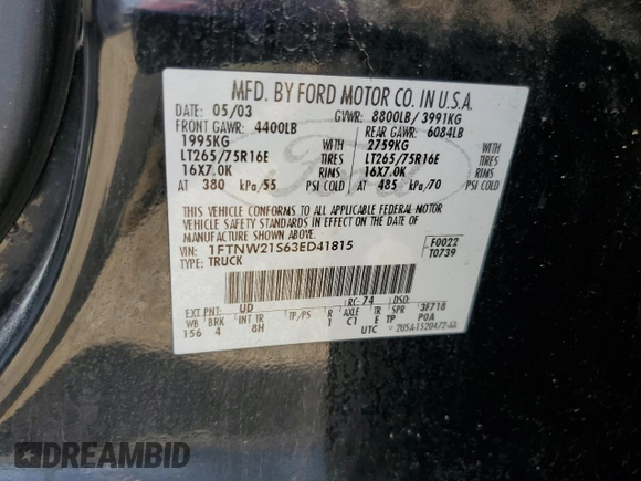 2003 Ford F-250 XL with VIN 1FTNW21S63ED41815, listed as a Copart auction lot 64840015 with 243,963 mi miles and Clean title. Bid and sale history available at DreamBid. Image 12.