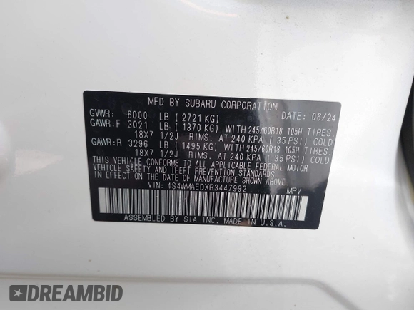 2024 Subaru Ascent Premium с VIN 4S4WMAEDXR3447992, выставлен на аукционе IAAI как лот 42519467 с пробегом 5 181 миль миль и . История ставок и продаж доступна на DreamBid. Изображение 9.