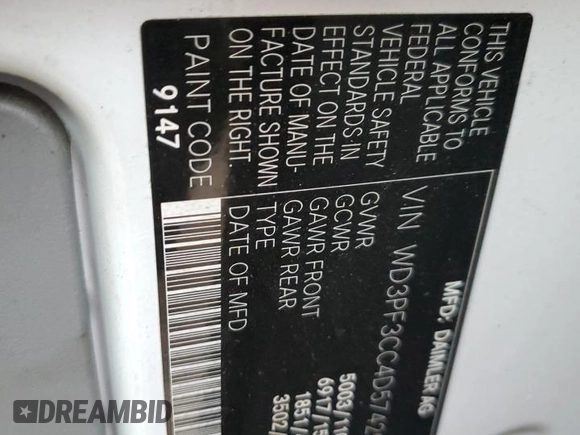 2013 Mercedes-Benz Sprinter with VIN WD3PF3CC4D5742926, listed as a Copart auction lot 53070545 with Not Provided miles and Clean Title. Bid and sale history available at DreamBid. Image 13.