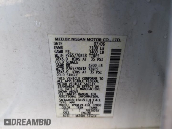 2006 Infiniti QX56 с VIN 5N3AA08C16N814141, выставлен на аукционе Copart как лот 53497595 с пробегом Не указан миль и На запчасти • Non repairable. История ставок и продаж доступна на DreamBid. Изображение 13.