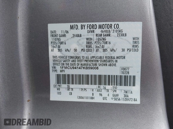 2007 Ford Escape Limited with VIN 1FMCU94147KB59008, listed as a IAAI auction lot 41751991 with 162,907 mi miles. Bid and sale history available at carsss.com. Image 9.
